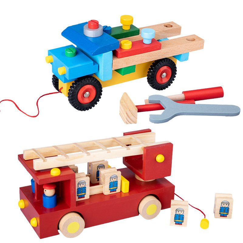 Wooden Toy Fire Truck & Car Transport Vehicle Set for Kids 