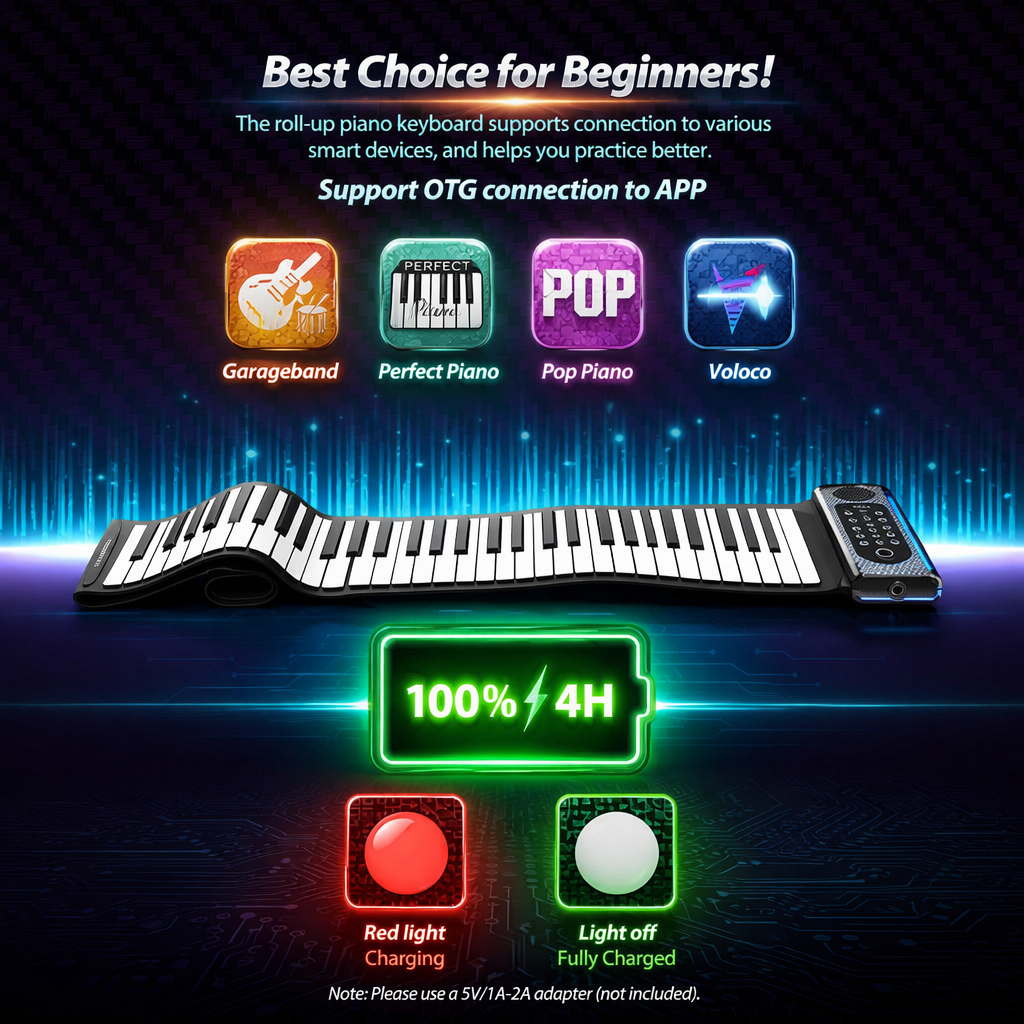 88 key keyboard roll up piano fully extended and folded showing portable flexible design